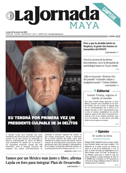 Portada de La Jornada Maya Campeche del lunes, 20 de enero de 2025