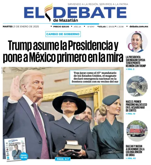 Portada de El Debate de Mazatlán del martes, 21 de enero de 2025