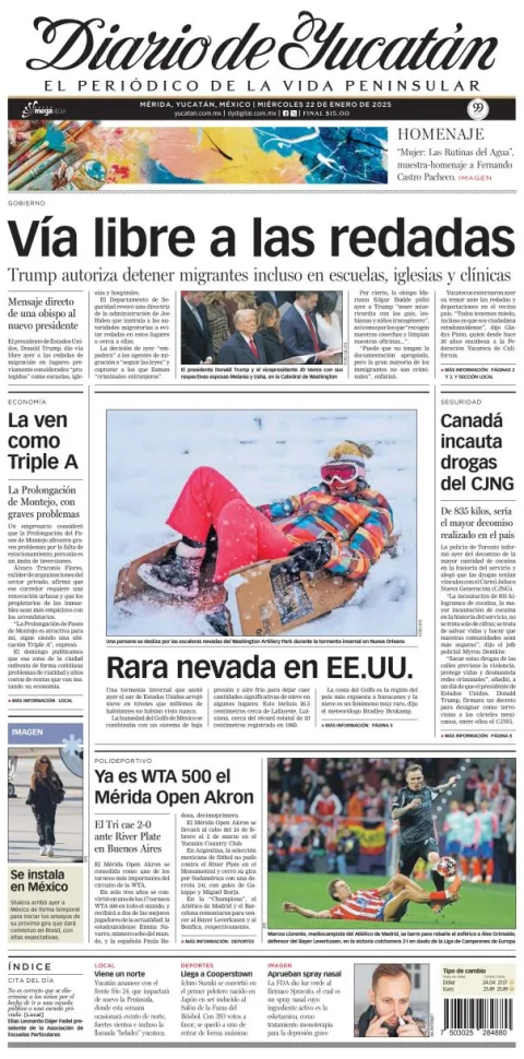 Portada de Diario de Yucatán del miércoles, 22 de enero de 2025