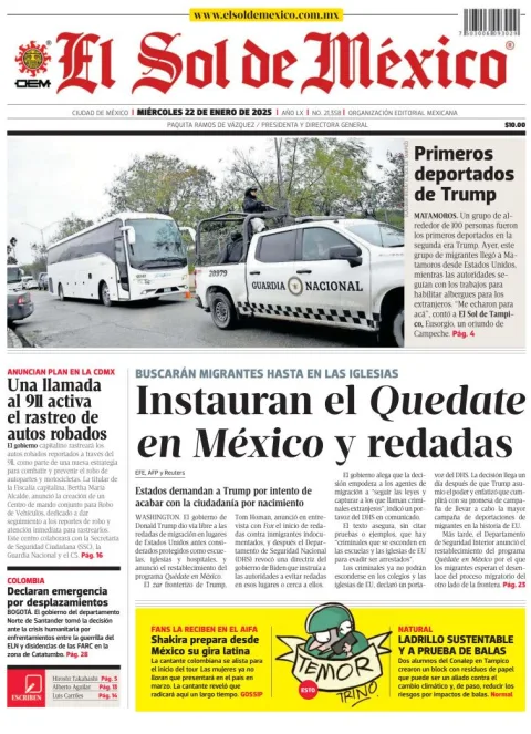 Portada de El Sol de México del miércoles, 22 de enero de 2025