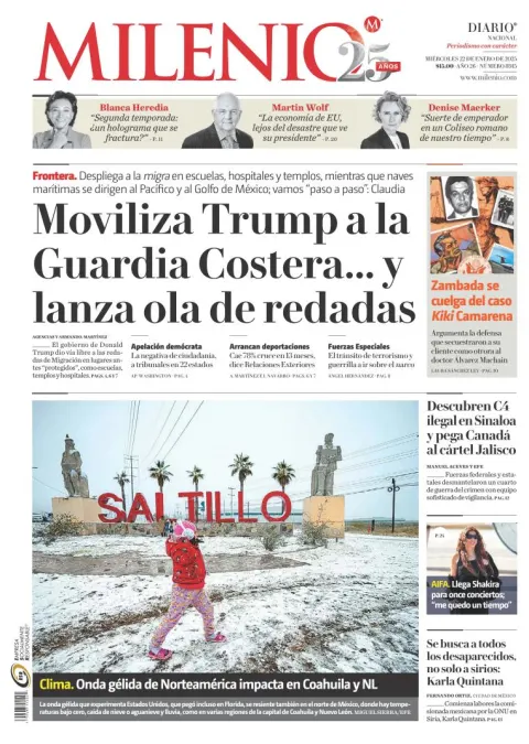 Portada de Milenio del miércoles, 22 de enero de 2025