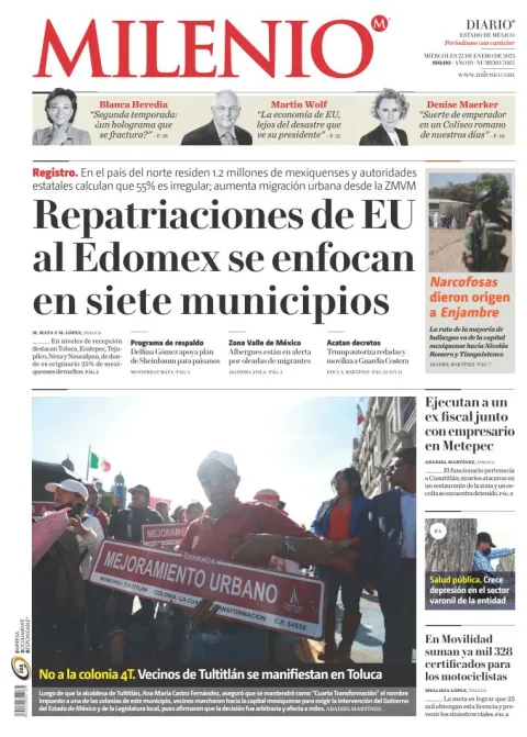 Portada de Milenio Edo de México del miércoles, 22 de enero de 2025