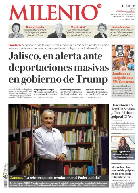 Portada de Milenio Jalisco del miércoles, 22 de enero de 2025