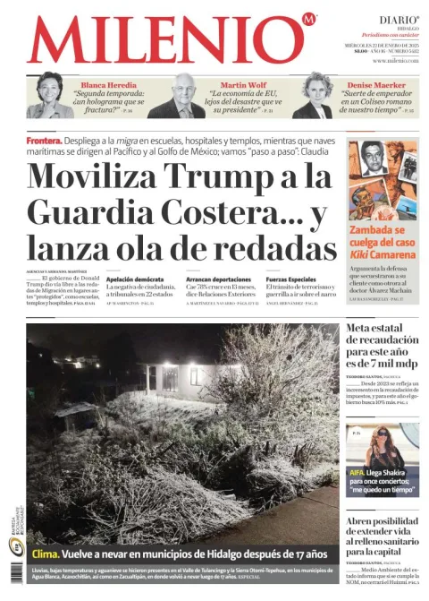 Portada de Milenio Hidalgo del miércoles, 22 de enero de 2025