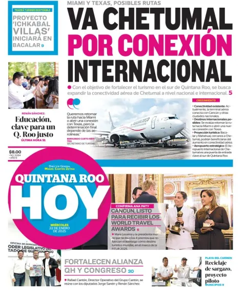 Portada de Quintana Roo Hoy del miércoles, 22 de enero de 2025