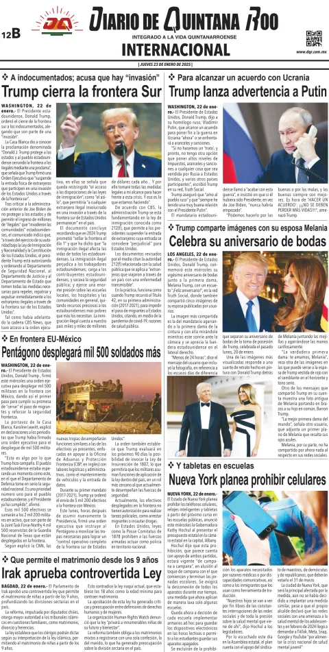 Portada de Diario de Quintana Roo (contra Portada) del jueves, 23 de enero de 2025