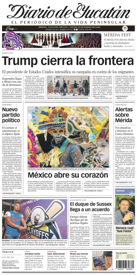 Portada de Diario de Yucatán del jueves, 23 de enero de 2025