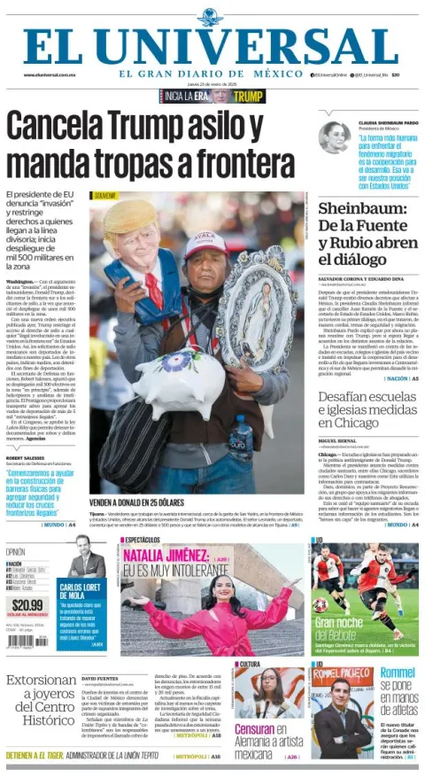 Portada de El Universal del jueves, 23 de enero de 2025