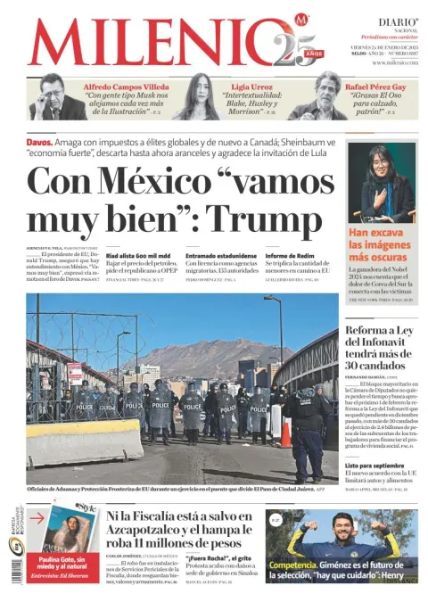 Portada de Milenio del viernes, 24 de enero de 2025
