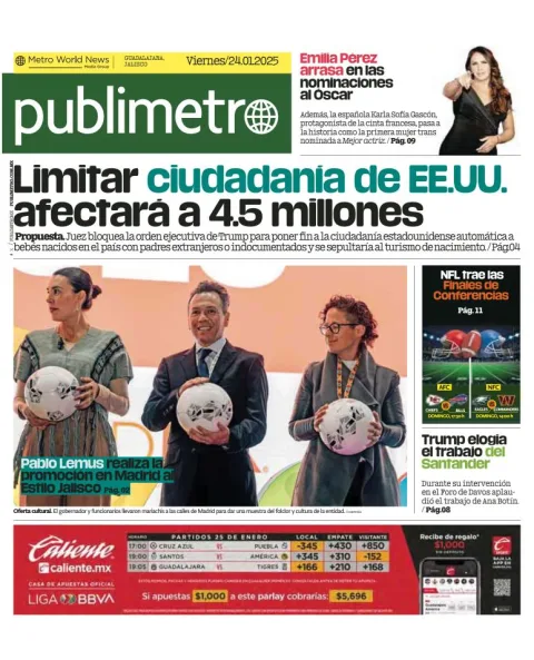 Portada de Publimetro Guadalajara del viernes, 24 de enero de 2025