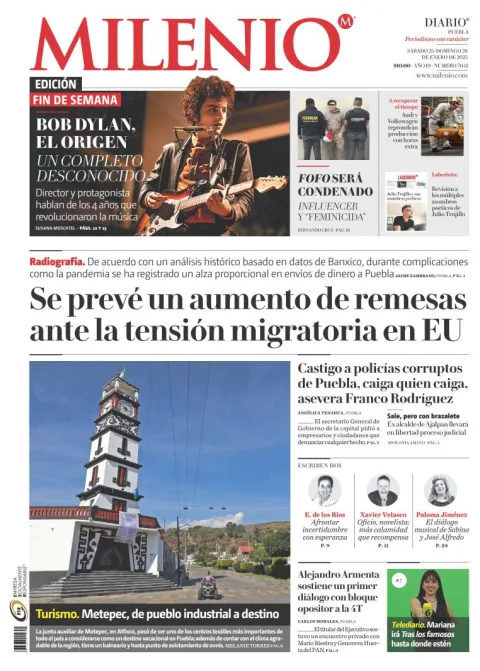 Portada de Milenio Puebla del sábado, 25 de enero de 2025