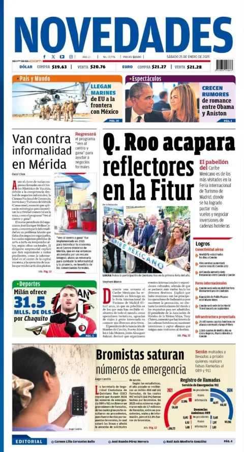 Portada de Novedades Quintana Roo del sábado, 25 de enero de 2025