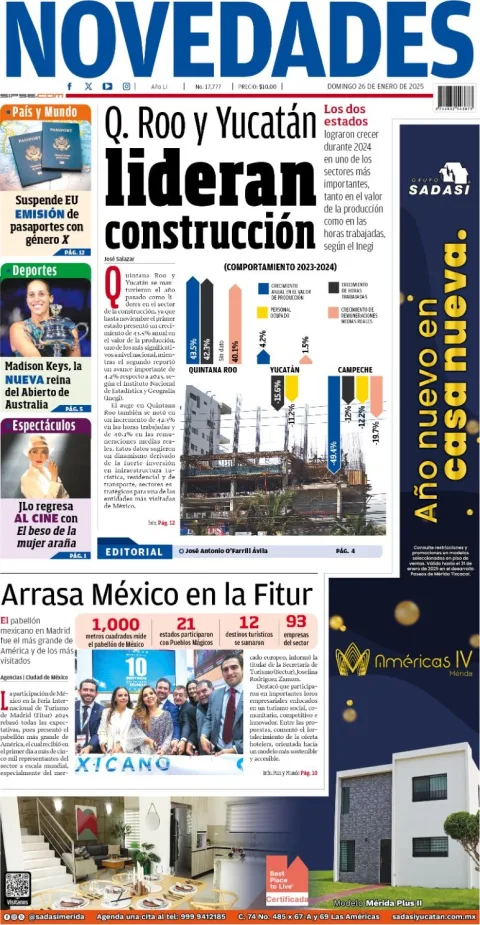 Portada de Novedades Quintana Roo del domingo, 26 de enero de 2025
