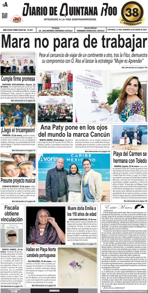 Portada de Diario de Quintana Roo (portada) del domingo, 26 de enero de 2025