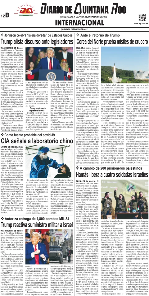Portada de Diario de Quintana Roo (contra Portada) del domingo, 26 de enero de 2025