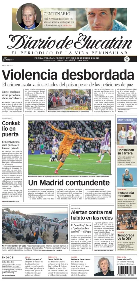Portada de Diario de Yucatán del domingo, 26 de enero de 2025
