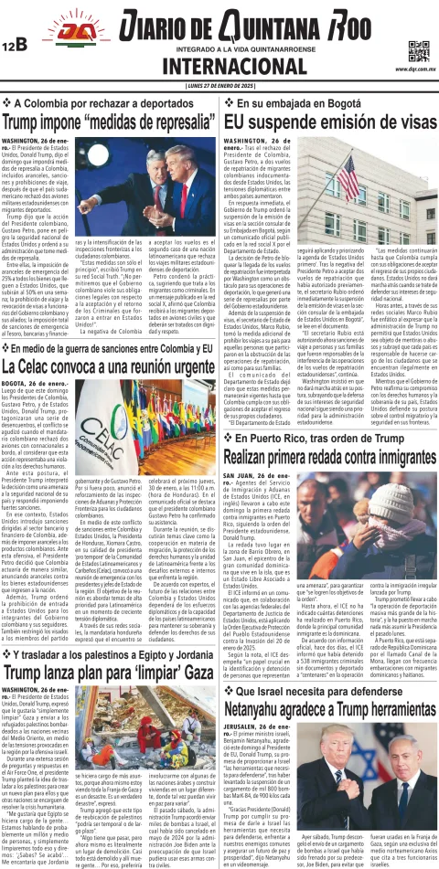 Portada de Diario de Quintana Roo (contra Portada) del lunes, 27 de enero de 2025