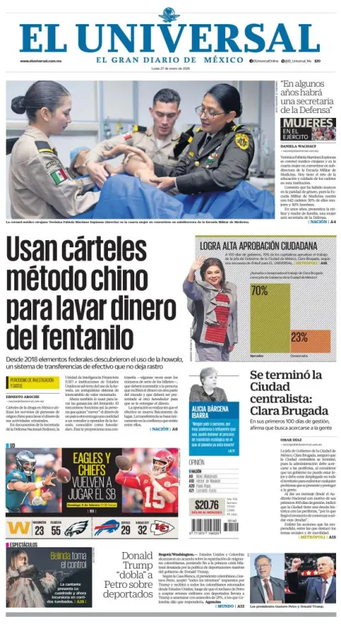 Portada de El Universal del lunes, 27 de enero de 2025