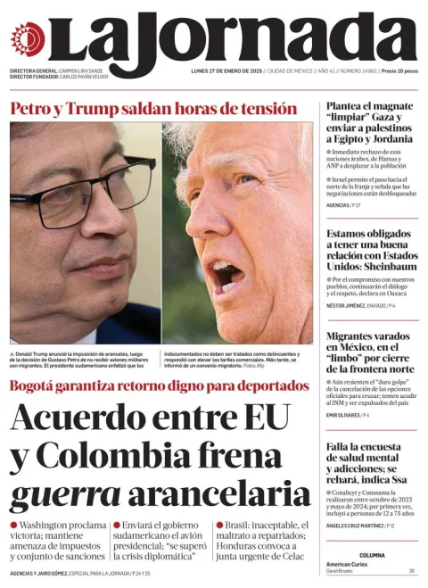 Portada de La Jornada del lunes, 27 de enero de 2025