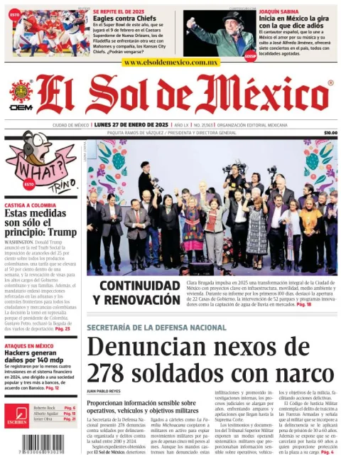 Portada de El Sol de México del lunes, 27 de enero de 2025