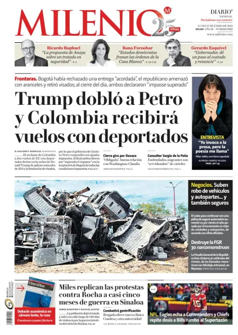 Portada de Milenio del lunes, 27 de enero de 2025