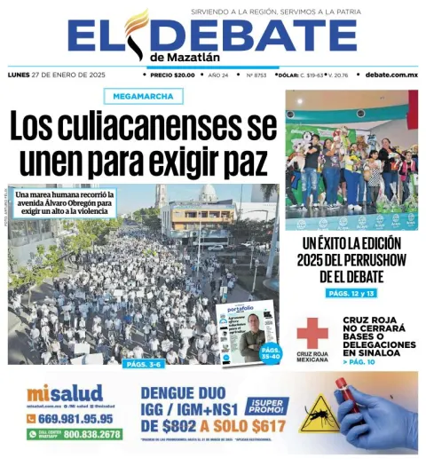 Portada de El Debate de Mazatlán del lunes, 27 de enero de 2025