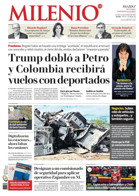 Portada de Milenio Monterrey del lunes, 27 de enero de 2025