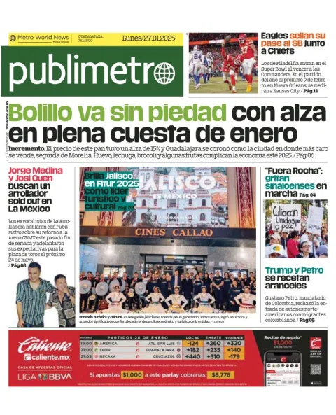 Portada de Publimetro Guadalajara del lunes, 27 de enero de 2025
