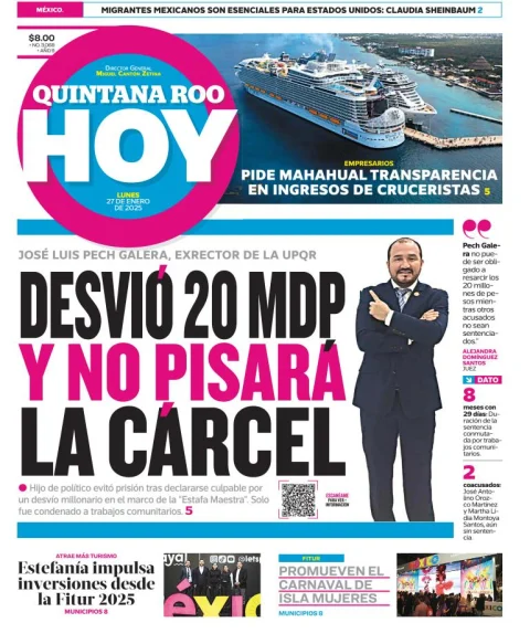 Portada de Quintana Roo Hoy del lunes, 27 de enero de 2025
