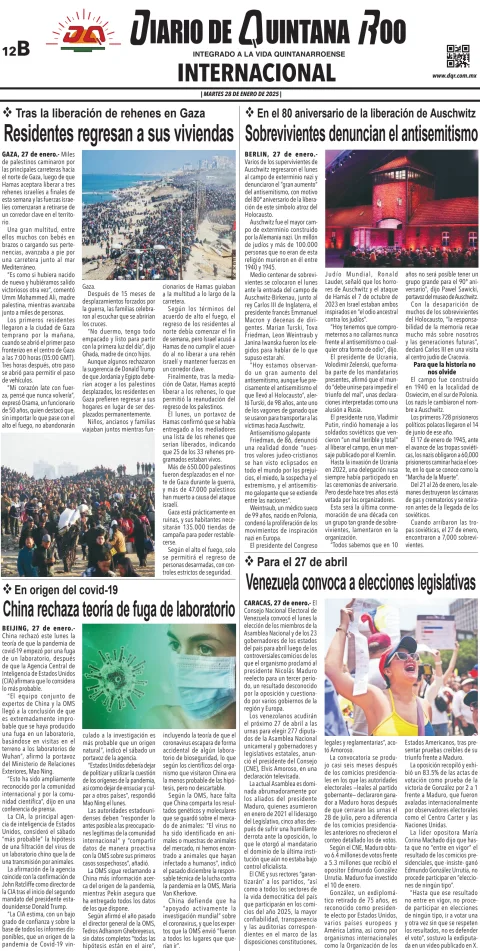 Portada de Diario de Quintana Roo (contra Portada) del martes, 28 de enero de 2025