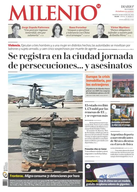 Portada de Milenio Monterrey del martes, 28 de enero de 2025