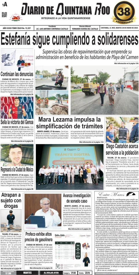 Portada de Diario de Quintana Roo (portada) del martes, 28 de enero de 2025