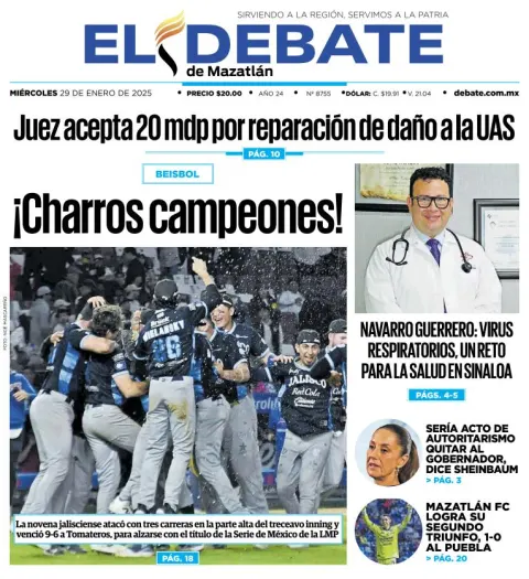 Portada de El Debate de Mazatlán del miércoles, 29 de enero de 2025