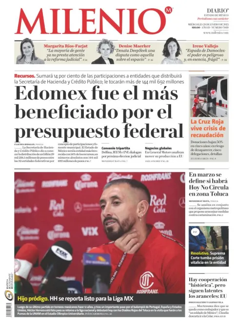 Portada de Milenio Edo de México del miércoles, 29 de enero de 2025