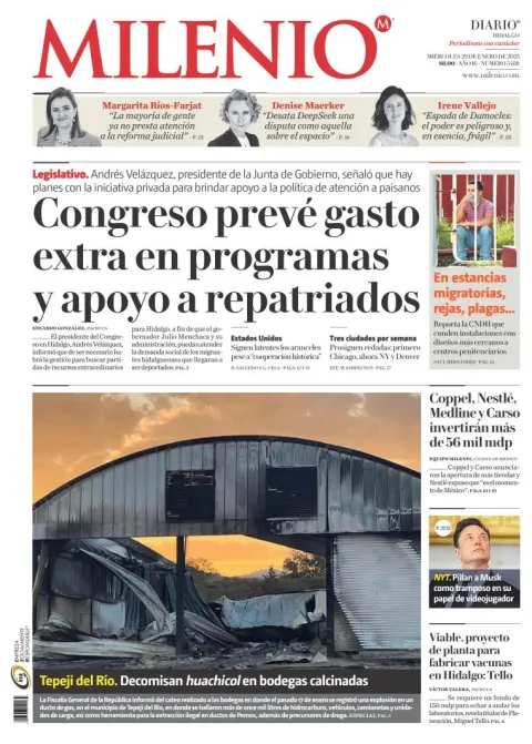 Portada de Milenio Hidalgo del miércoles, 29 de enero de 2025