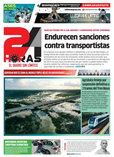 Portada de 24 Horas Quintana Roo del miércoles, 29 de enero de 2025
