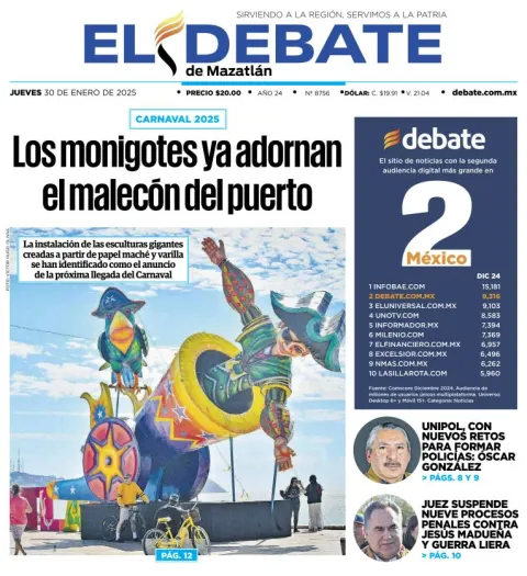 Portada de El Debate de Mazatlán del jueves, 30 de enero de 2025