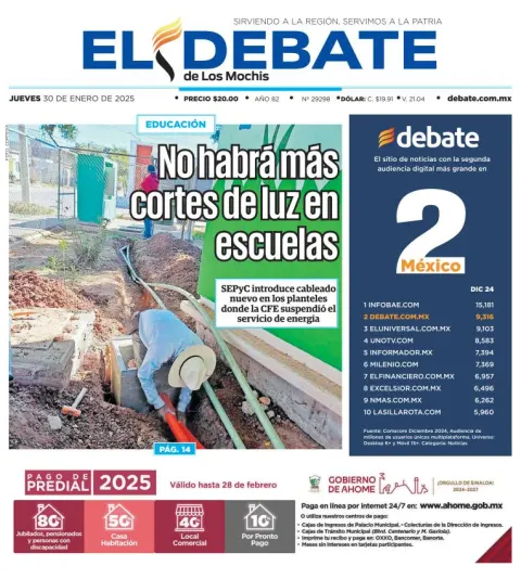 Portada de El Debate de los Mochis del jueves, 30 de enero de 2025