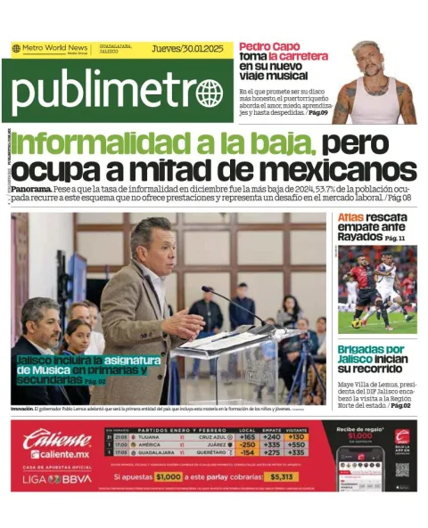 Portada de Publimetro Guadalajara del jueves, 30 de enero de 2025