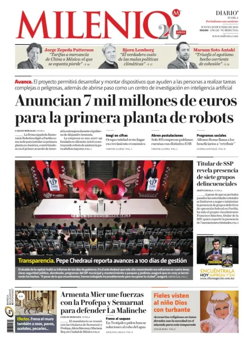 Portada de Milenio Puebla del jueves, 30 de enero de 2025