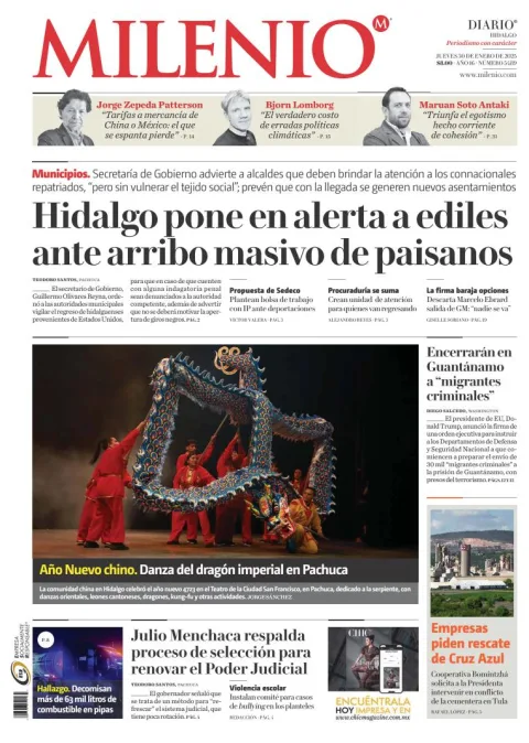 Portada de Milenio Hidalgo del jueves, 30 de enero de 2025