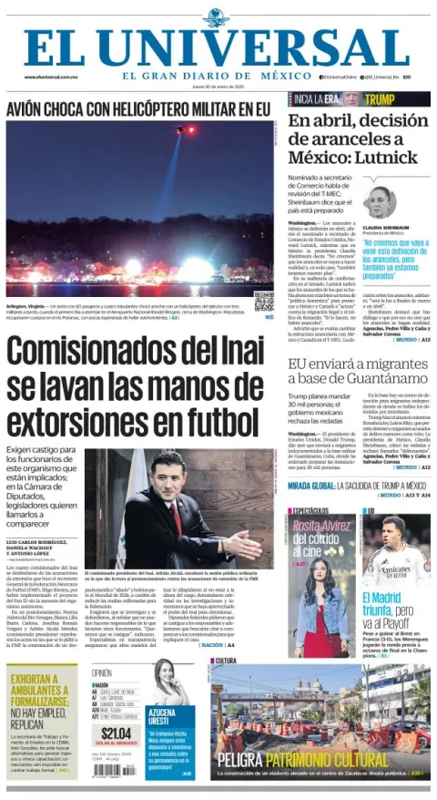 Portada de El Universal del jueves, 30 de enero de 2025
