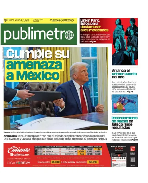 Portada de Publimetro Guadalajara del viernes, 31 de enero de 2025