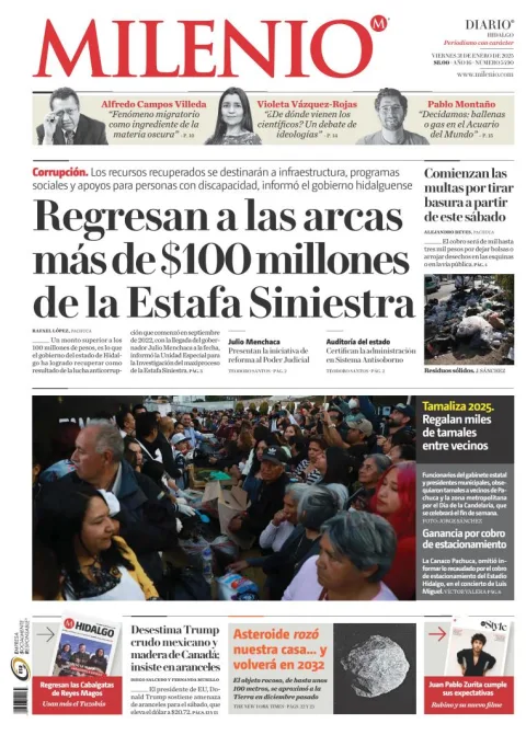 Portada de Milenio Hidalgo del viernes, 31 de enero de 2025