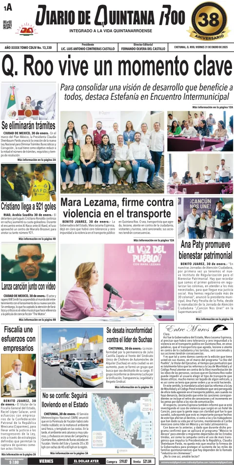 Portada de Diario de Quintana Roo (portada) del viernes, 31 de enero de 2025