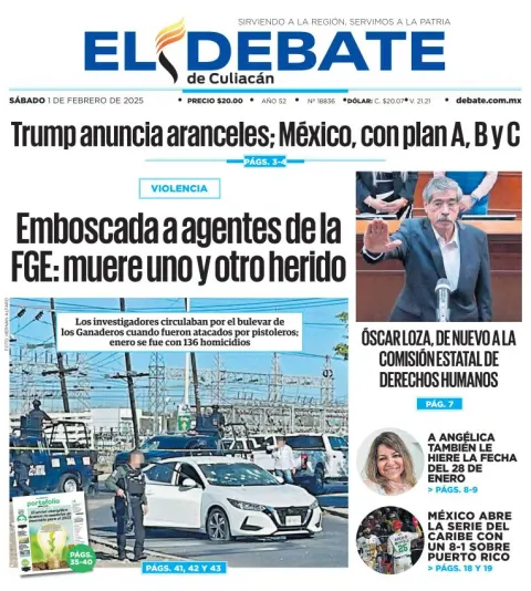 Portada de El Debate de Culiacán del sábado, 1 de febrero de 2025