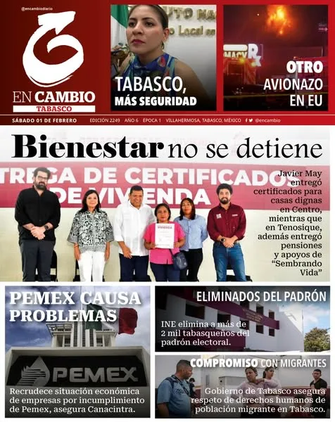 Portada de En Cambio - Tabasco (portada) del sábado, 1 de febrero de 2025
