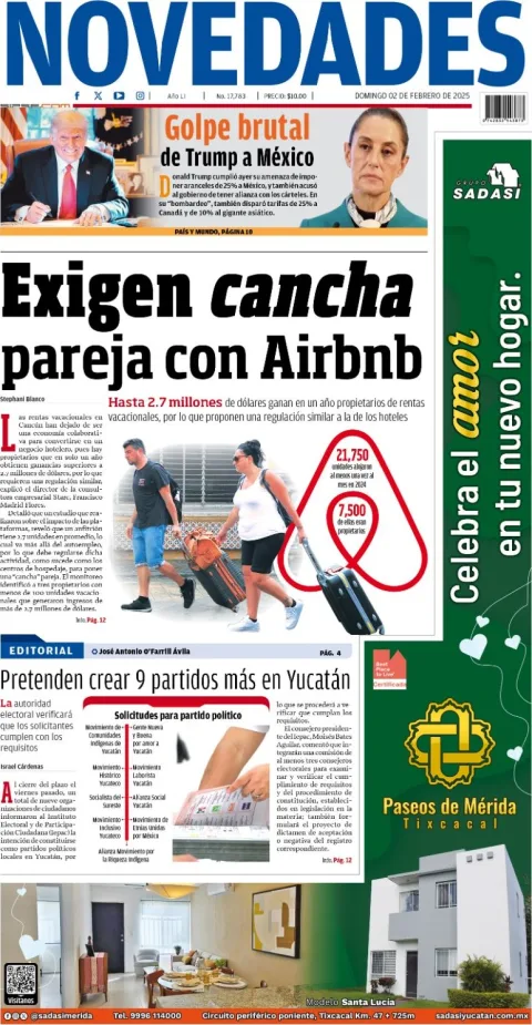 Portada de Novedades Quintana Roo del domingo, 2 de febrero de 2025