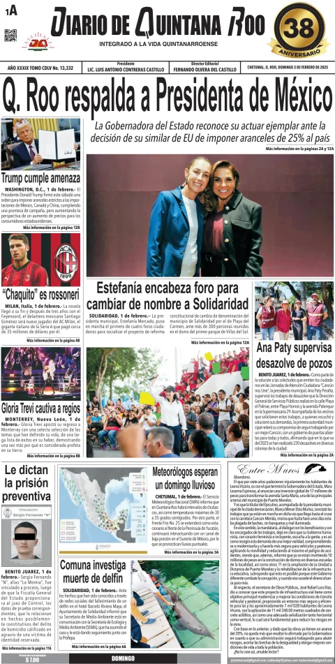 Portada de Diario de Quintana Roo (portada) del domingo, 2 de febrero de 2025