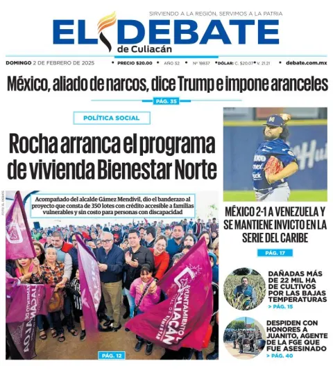 Portada de El Debate de Culiacán del domingo, 2 de febrero de 2025